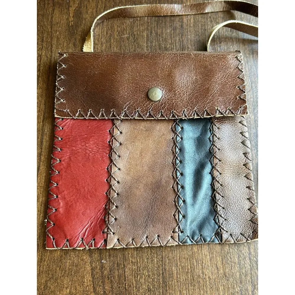 Vintage patchwork leather crossbody whipstitching bag purse